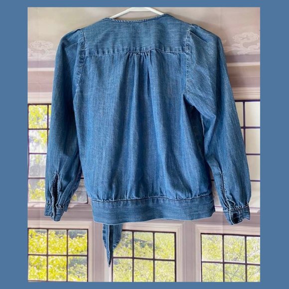 Madewell Tie Waist Denim Wrap Blouse XXS Blue V-Neck Long Sleeve Top - Picture 3 of 6